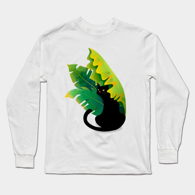 Black Cat Under a Banana Leaf Long Sleeve T-Shirt by zorrorojo